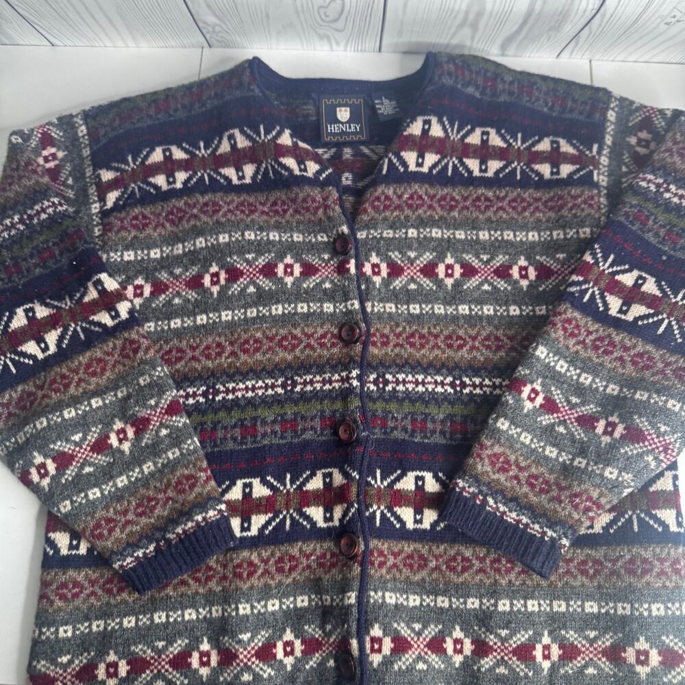 Vintage 1990s Henley 100% Shetland Wool Fair Isle Cardigan Size Large Hong Kong
